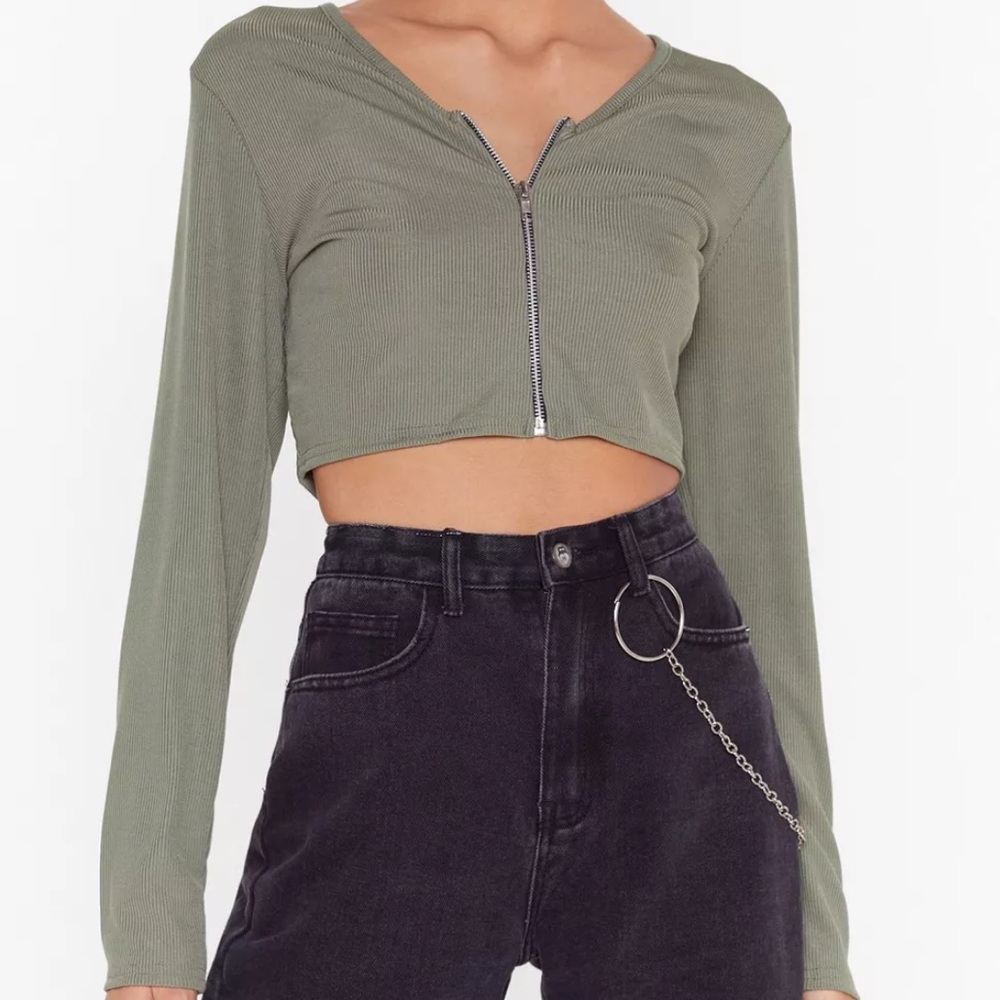 Zip Crop Top Cardigan Shirt Sage Green Long Sleeved Size Medium